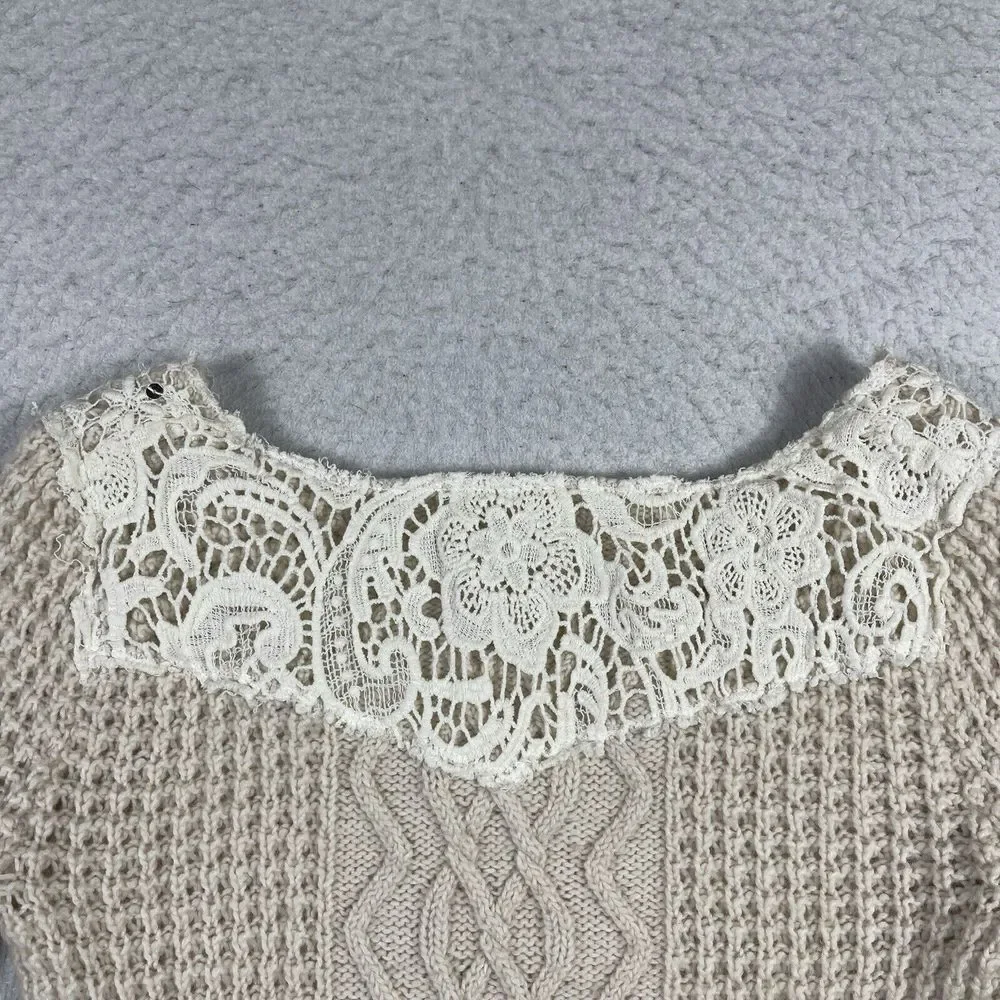 Free People Sweater Womens XS‎ Cream Cable Knit Lace Embellished Scoop Neck